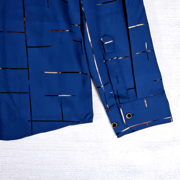Manfinity Shirt Size M Blue w Gold Foil Plaid Long Sleeve ButtonUp Stretch NWOT - Picture 10 of 10